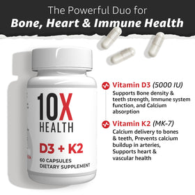 Capsules de Vitamine D3 K2 10X Health sur fond blanc