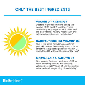 Capsules de Vitamine D3 K2 BioEmblem sur une surface blanche