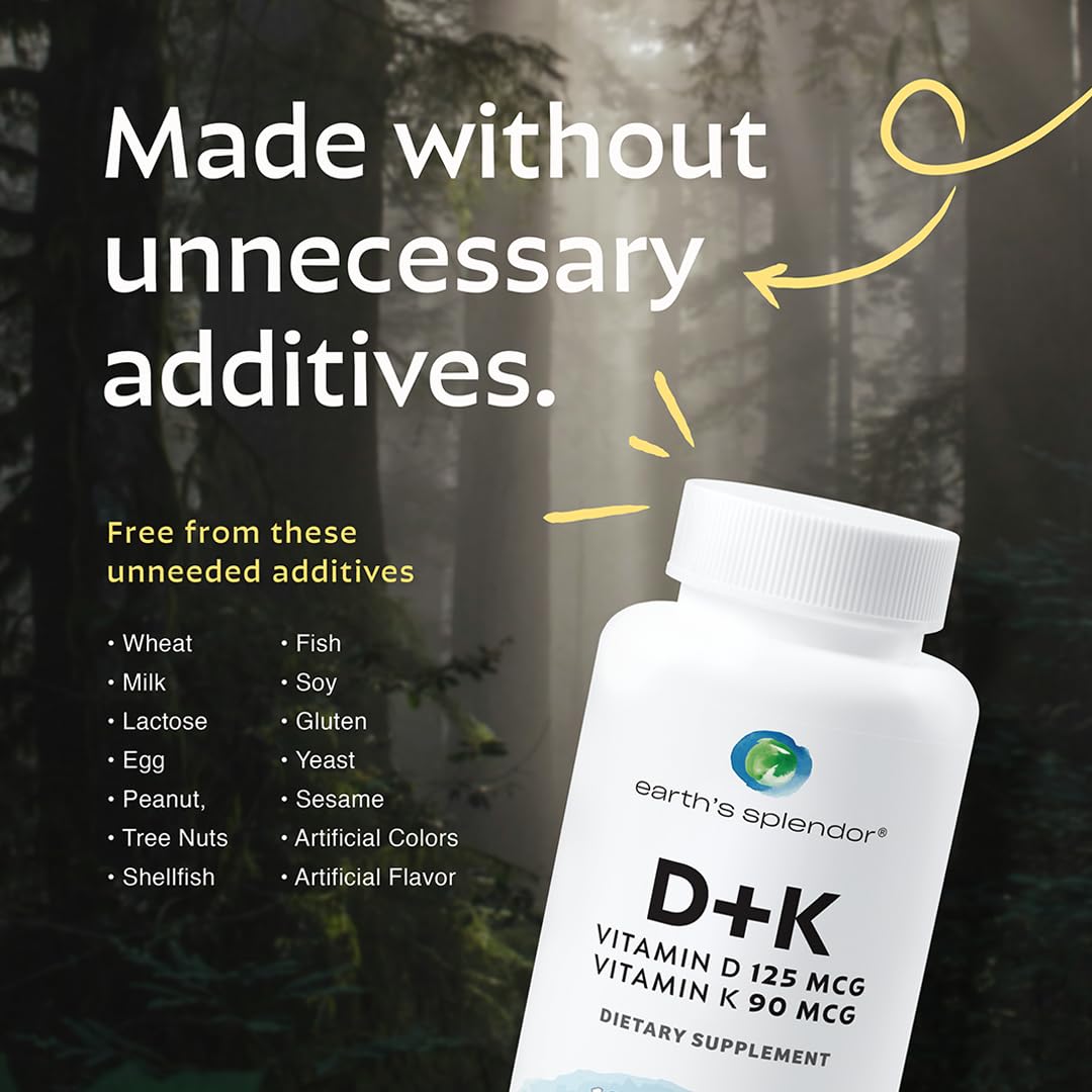 Capsules de Vitamine D3 K2 d'Earth's Splendor sur un fond blanc