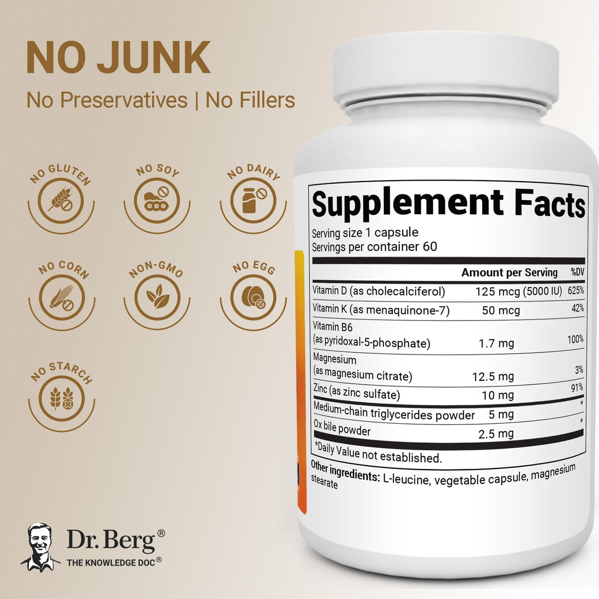 Capsules de vitamine D3 K2 de Dr. Berg Nutritionals sur une surface blanche