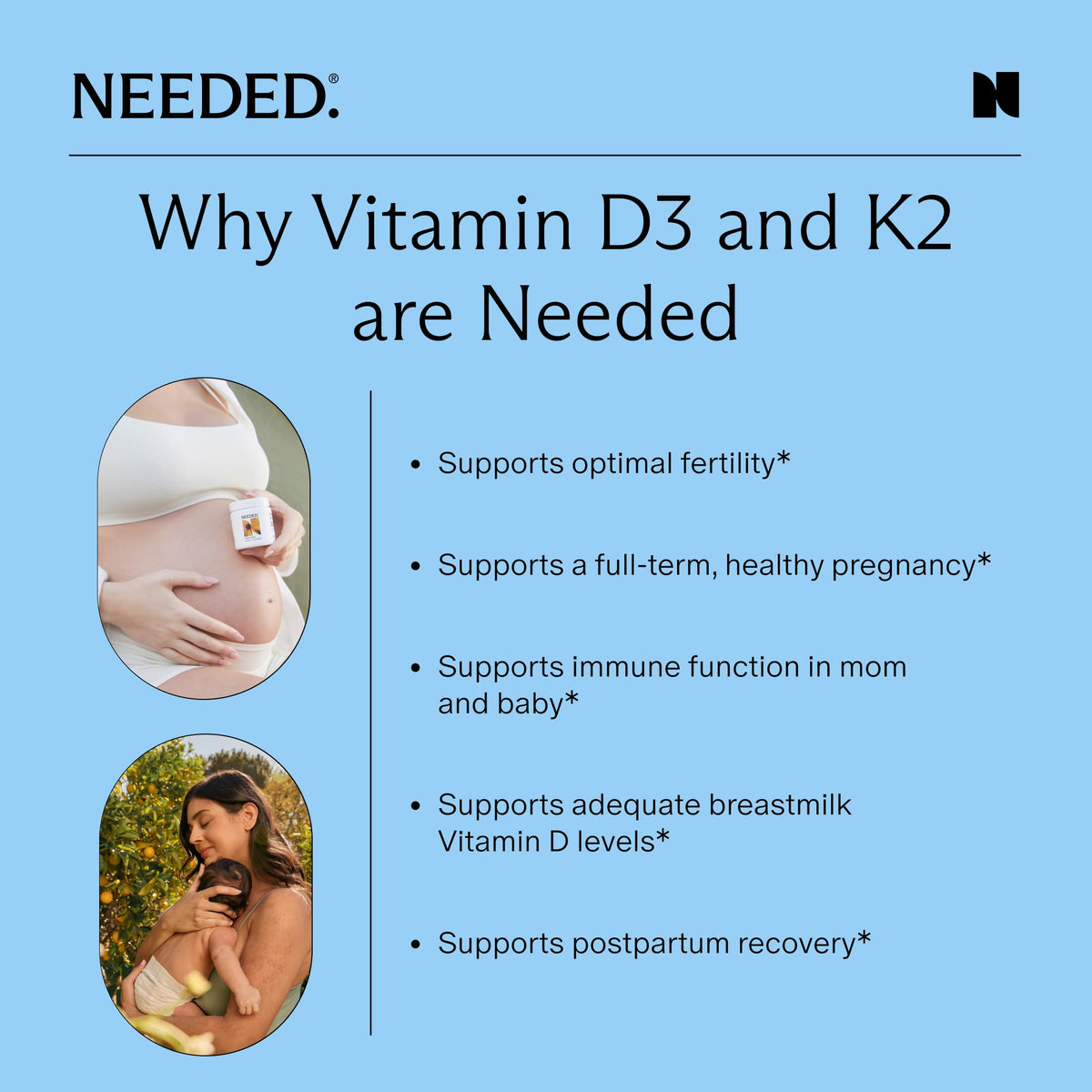 Capsules de Vitamine D3/K2 prénatale Needed. dans une main