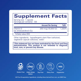 Capsules de Vitamine D3 Pure Encapsulations sur une surface blanche