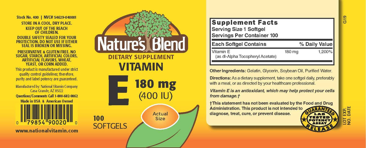 Capsules de vitamine E Nature's Blend 400 IU, format solide
