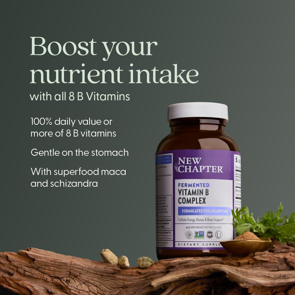 Capsules de vitamines B fermentées bio New Chapter sur une surface blanche
