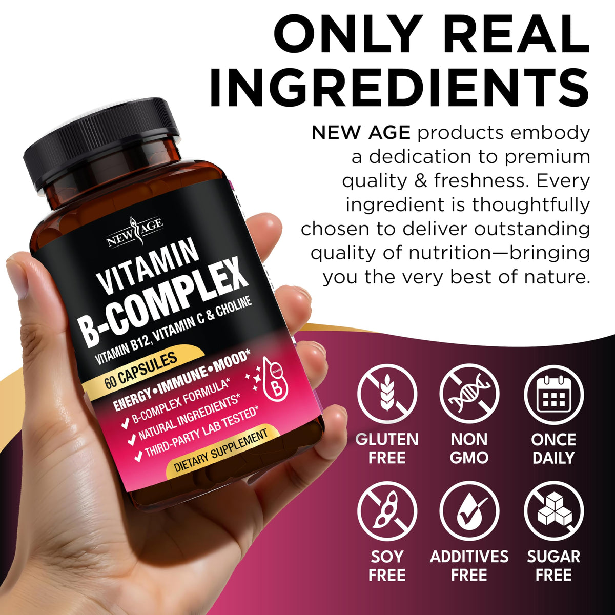 Capsules de vitamines B NEW AGE sur une surface en marbre