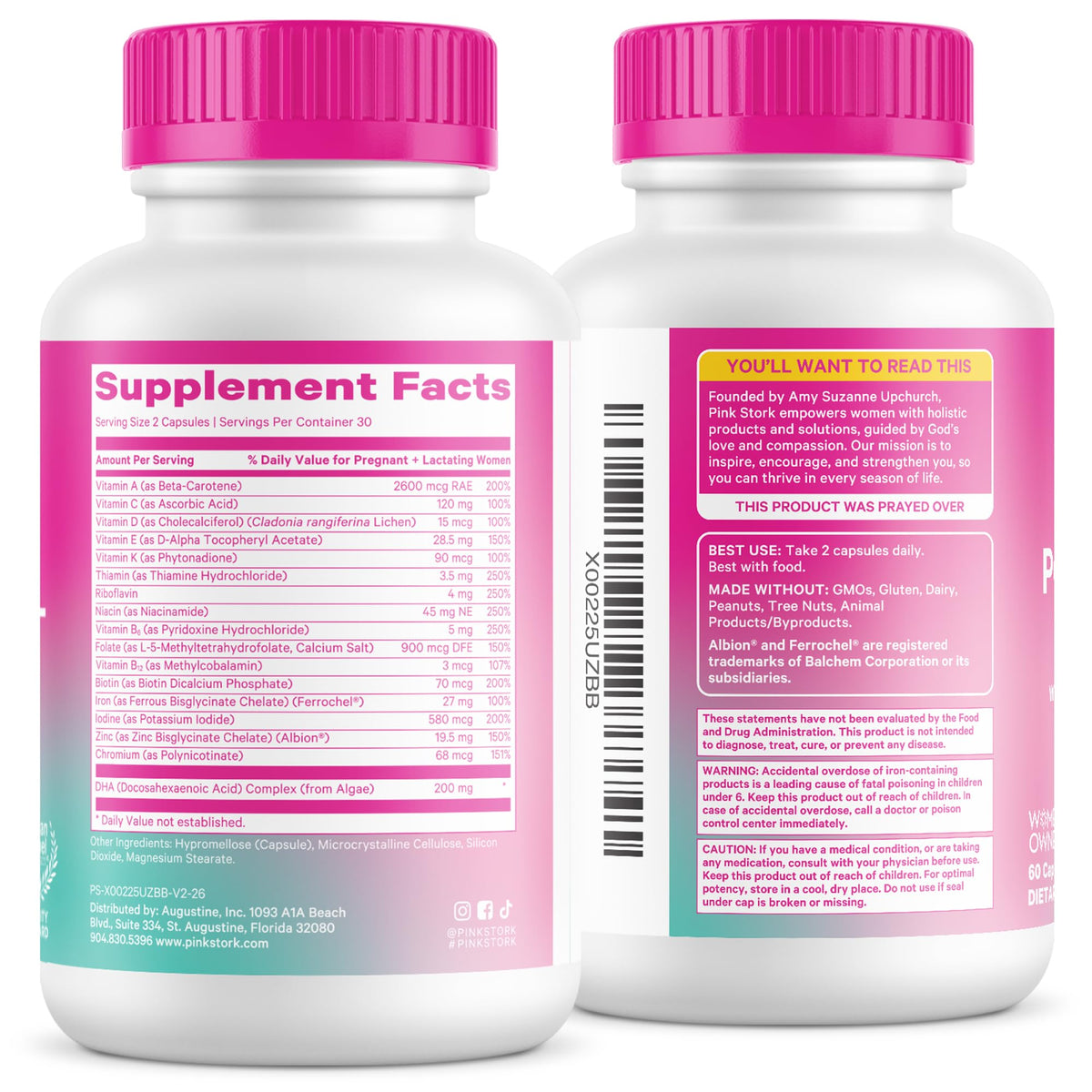 Capsules de vitamines Pink Stork avec un verre d'eau