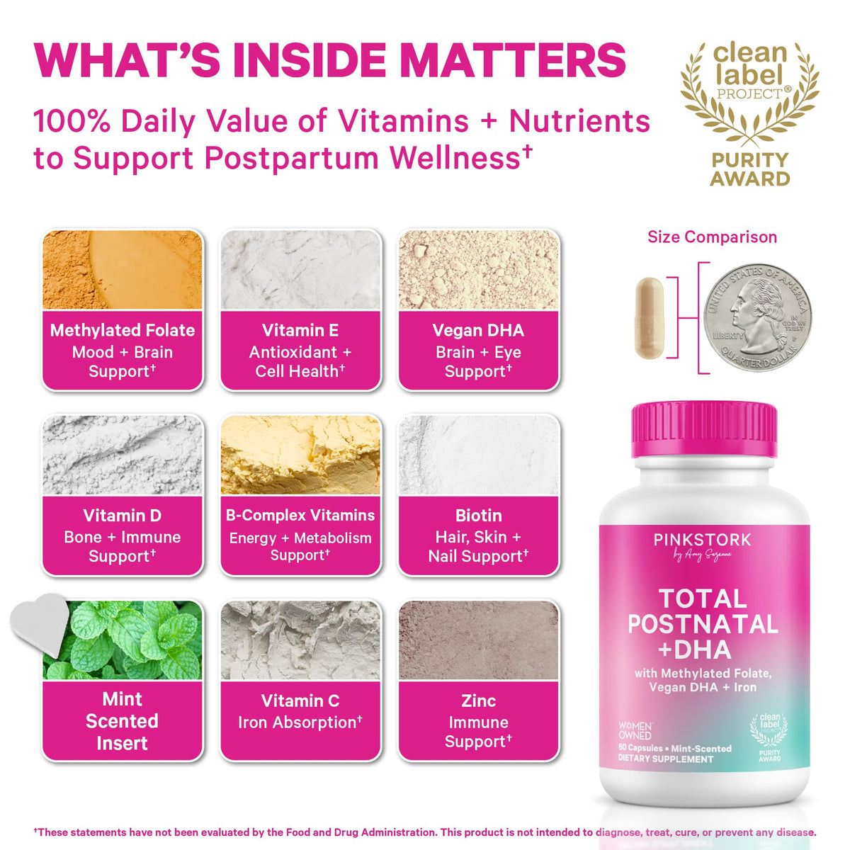 Capsules de vitamines postnatales Pink Stork avec insert menthe