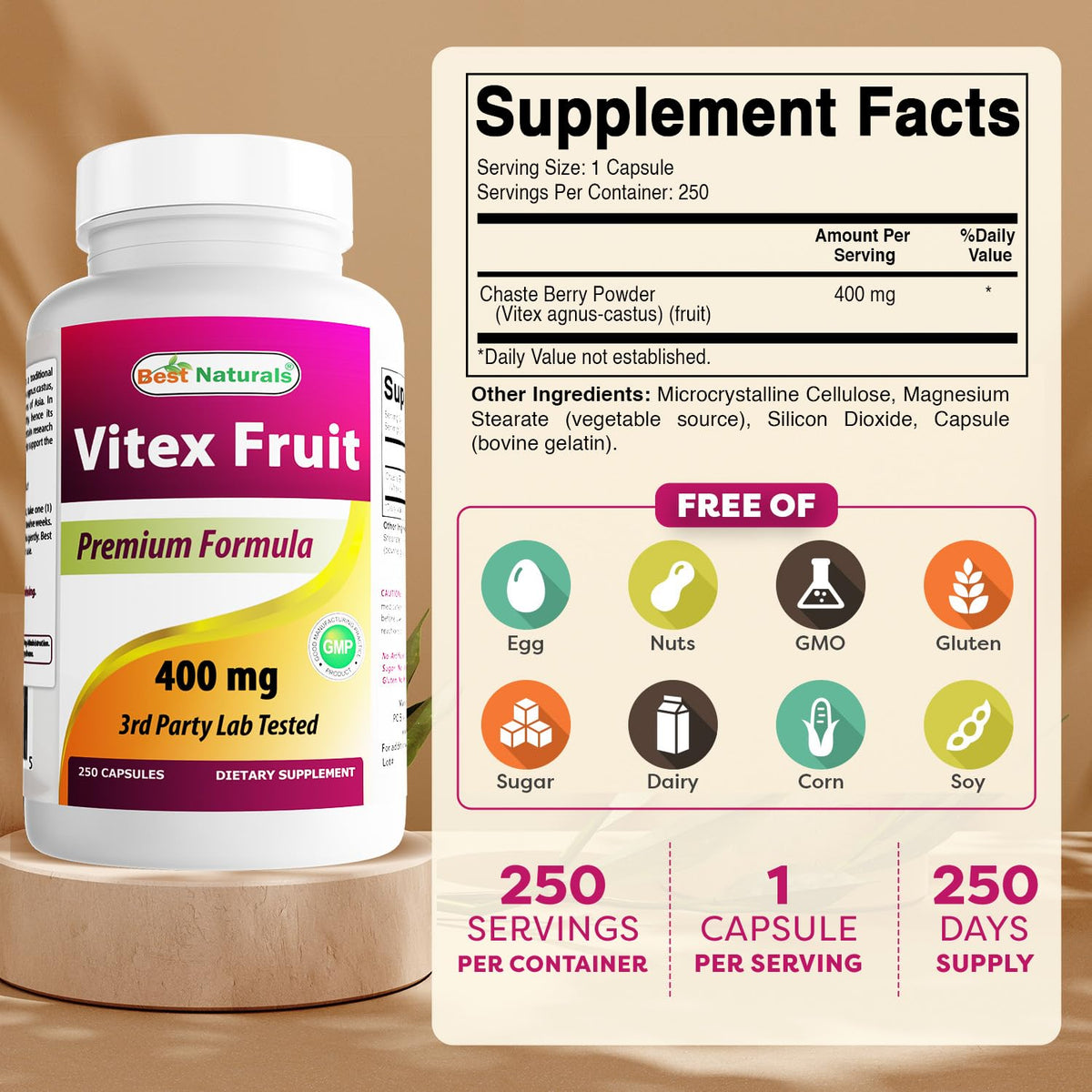 Capsules de Vitex Chasteberry Best Naturals sur une surface blanche