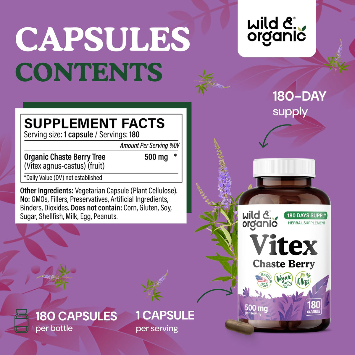 Capsules de Vitex Chasteberry Wild & Organic sur une surface blanche