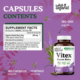 Capsules de Vitex Chasteberry Wild & Organic sur une surface blanche