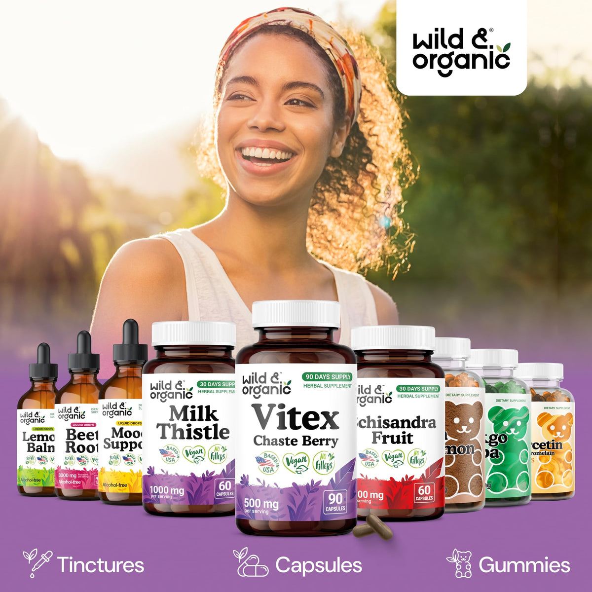 Capsules de Vitex Wild & Organic sur une table en bois