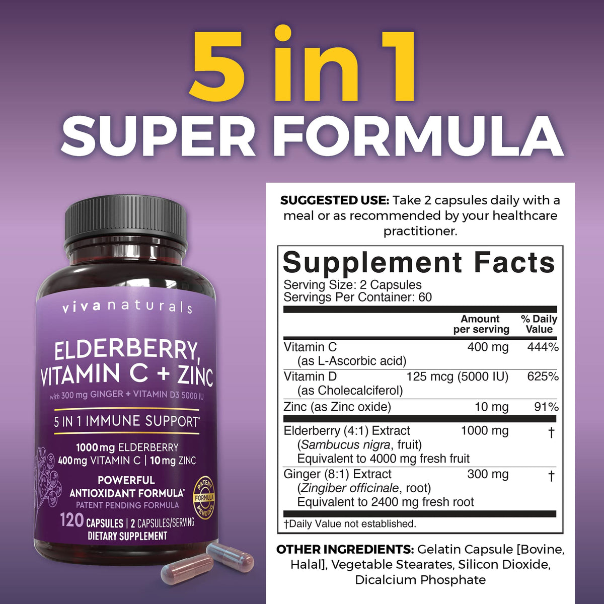 Capsules de Viva Naturals Complément Alimentaire Sureau sur une table