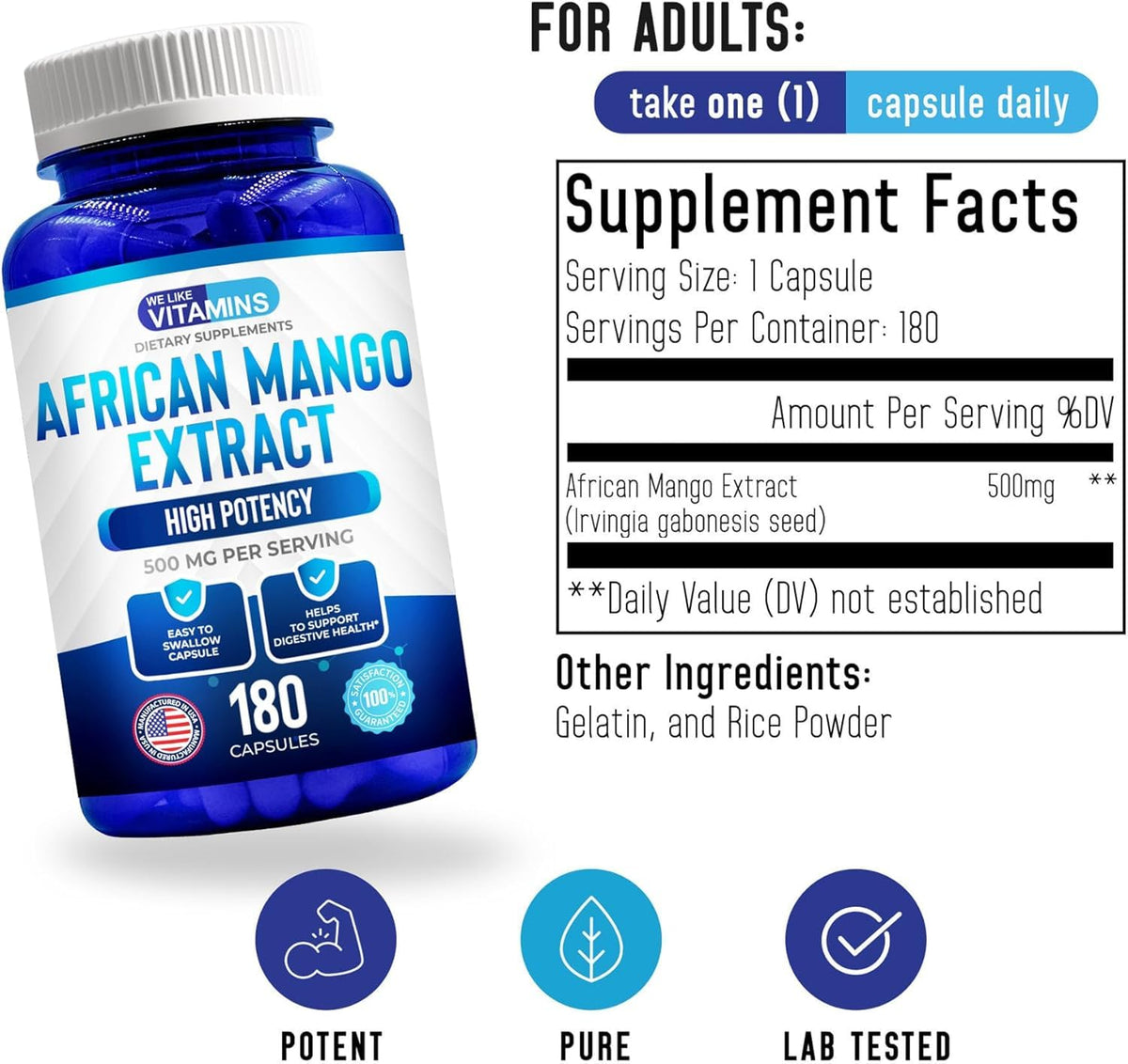 Capsules de We Like Vitamins Extrait de Mangue Africaine sur une surface blanche