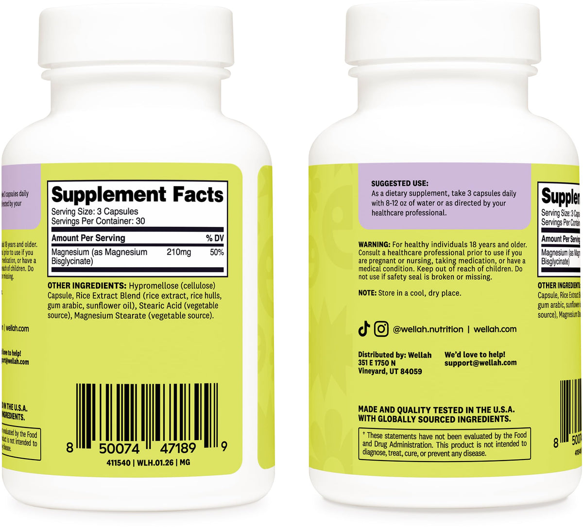 Capsules de Wellah Magnésium Glycinate sur fond blanc