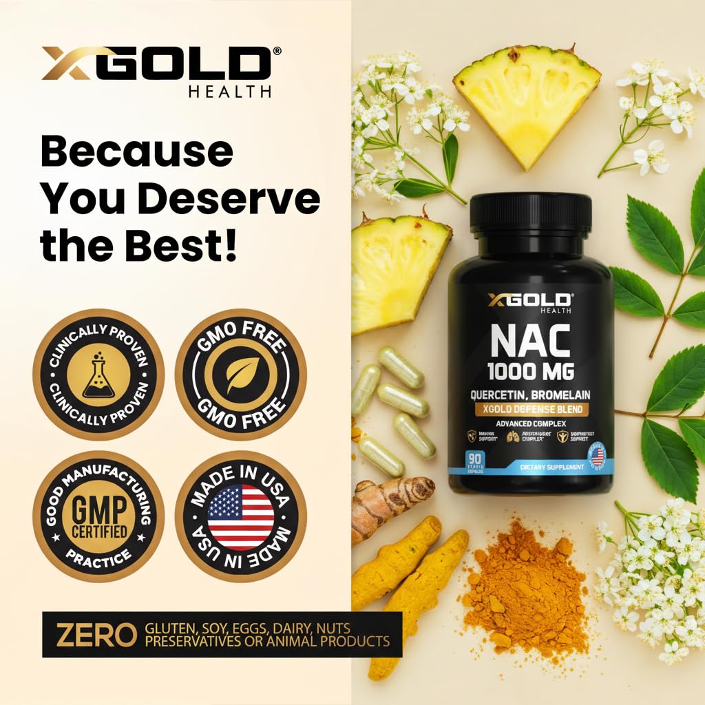 Capsules de X Gold Health NAC 1000 mg sur fond blanc