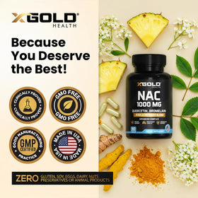 Capsules de X Gold Health NAC 1000 mg sur fond blanc