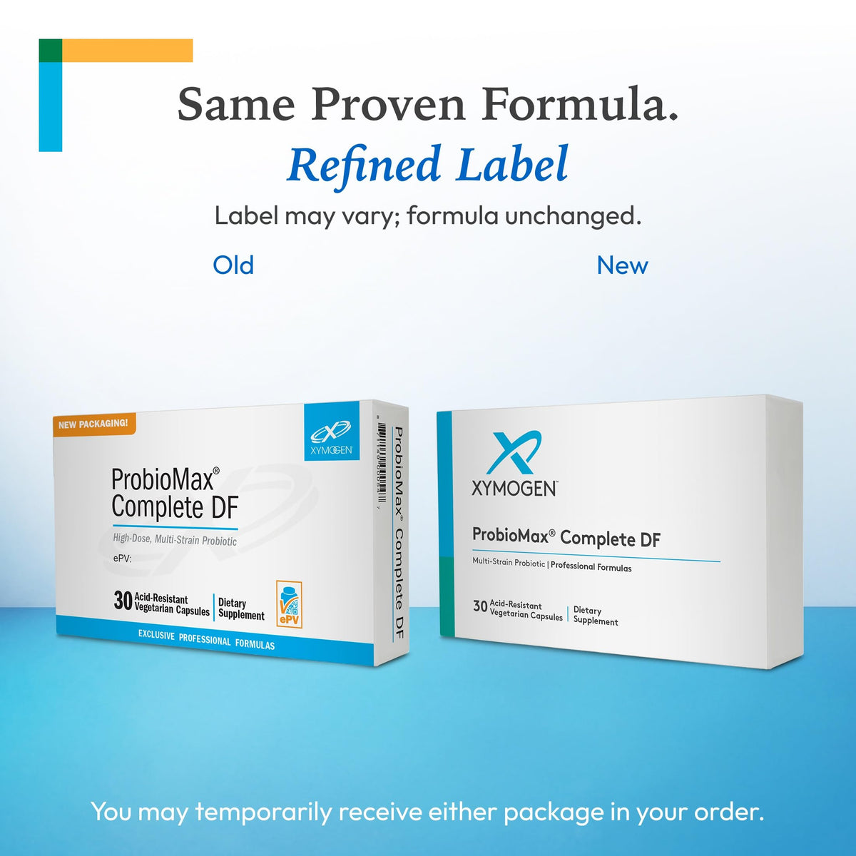 Capsules de XYMOGEN ProbioMax Complete 45B sur fond blanc