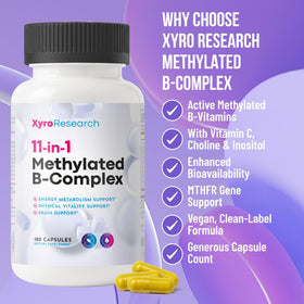 Capsules de Xyro Research B-Complex Methylé sur fond blanc