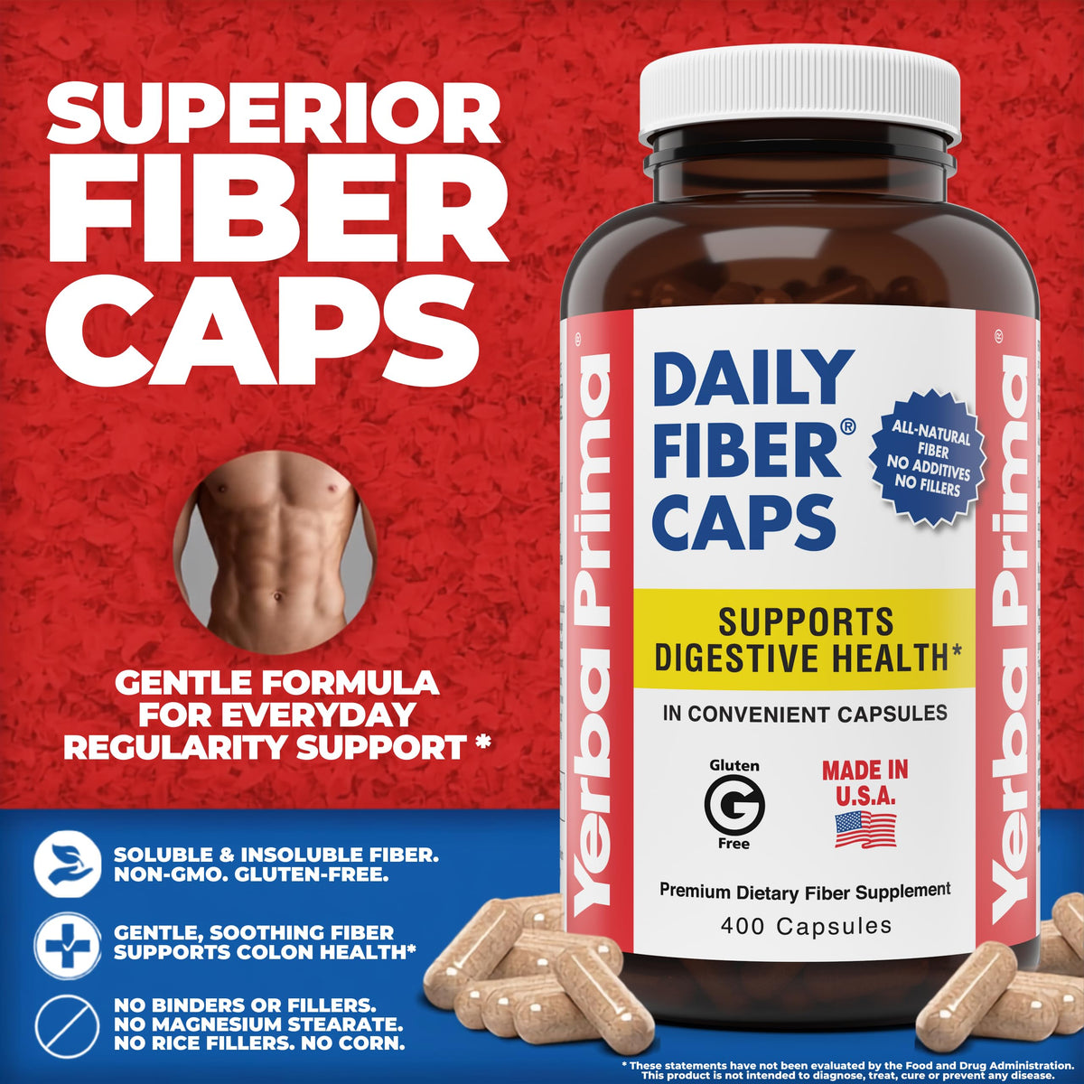 Capsules de Yerba Prima Daily Fiber Caps sur une surface blanche