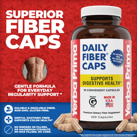 Capsules de Yerba Prima Daily Fiber Caps sur une surface blanche