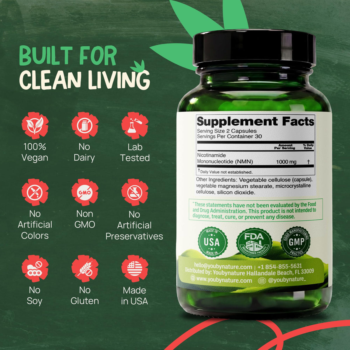 Capsules de YOUBYNATURE NMN 1000mg sur fond blanc