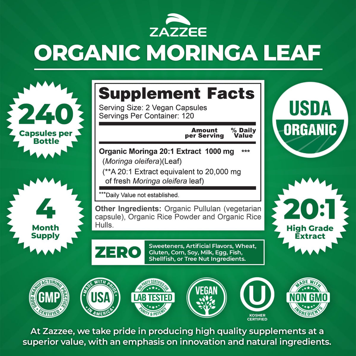 Capsules de Zazzee Extrait de Moringa Bio sur une surface blanche