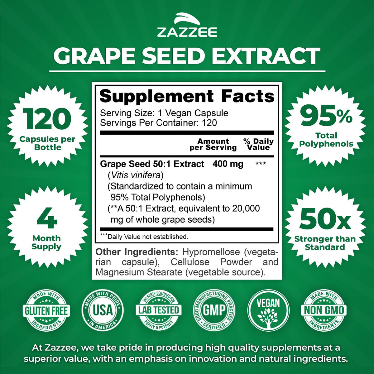 Capsules de Zazzee Extrait de pépins de raisin montrées sur fond blanc