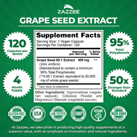 Capsules de Zazzee Extrait de pépins de raisin montrées sur fond blanc