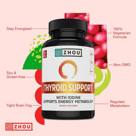 Capsules de ZHOU D3 + K2 et soutien thyroïdien sur fond blanc