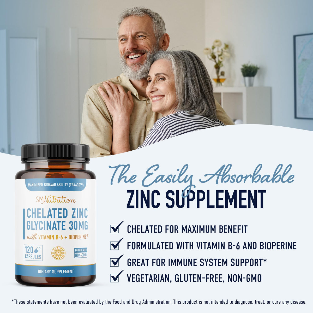 Capsules de Zinc Chélaté 30mg SMNutrition sur une surface blanche