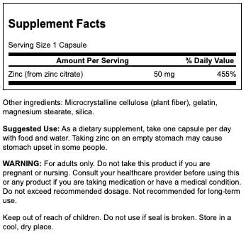 Capsules de Zinc Citrate Swanson en gros plan, format 50mg