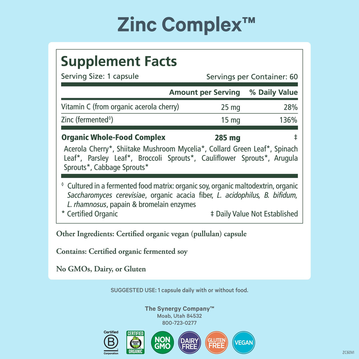 Capsules de Zinc Complex PURE SYNERGY sur fond blanc