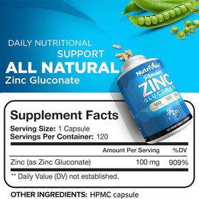 Capsules de Zinc Gluconate Nutrivein sur fond blanc