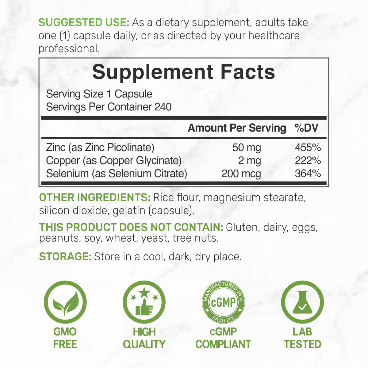 Capsules de Zinc Picolinate 50mg, format de 240 capsules