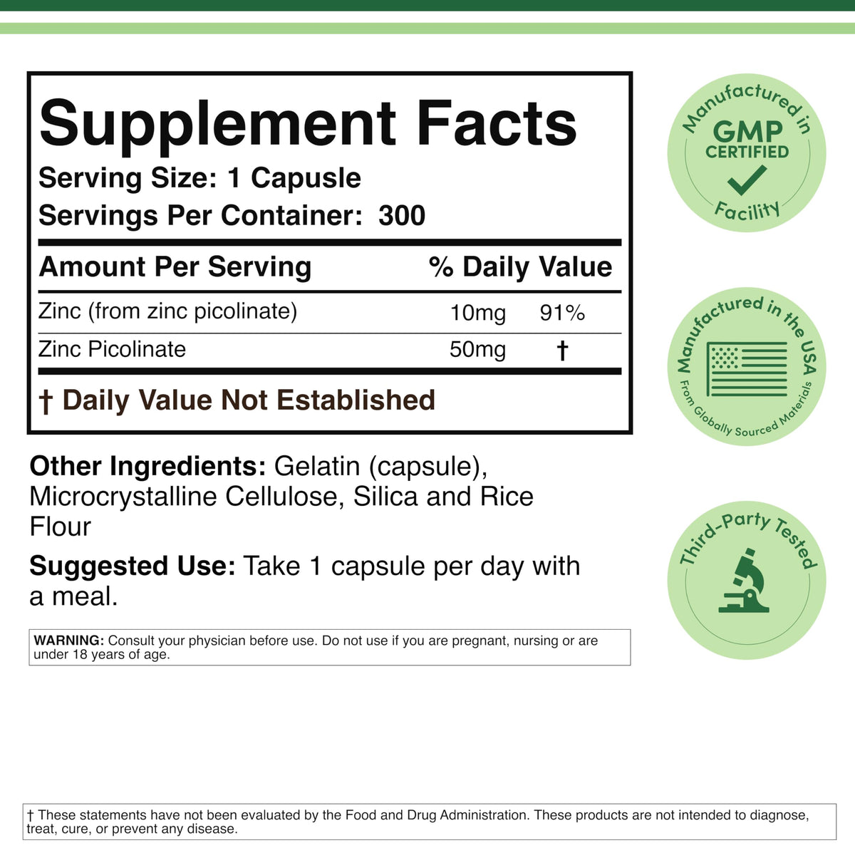 Capsules de Zinc Picolinate 50mg, vue de près