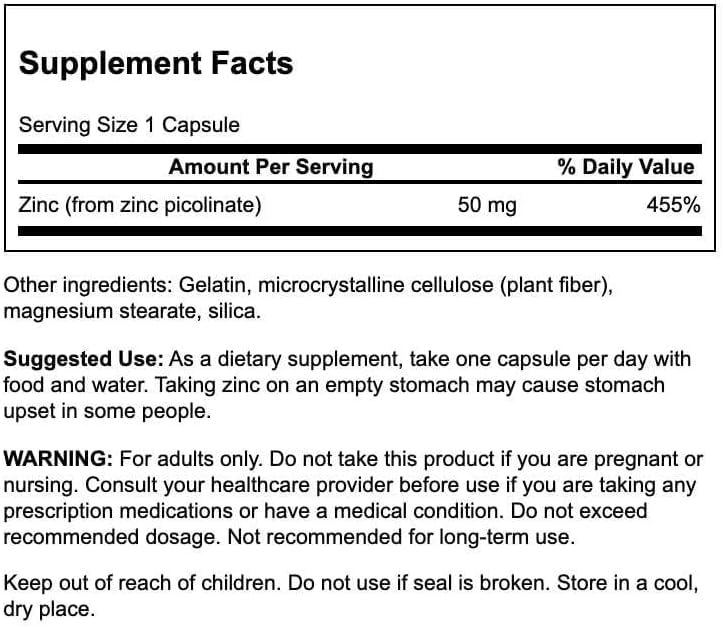 Capsules de zinc picolinate Swanson en vue de près