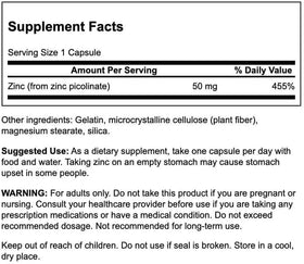 Capsules de zinc picolinate Swanson en vue de près
