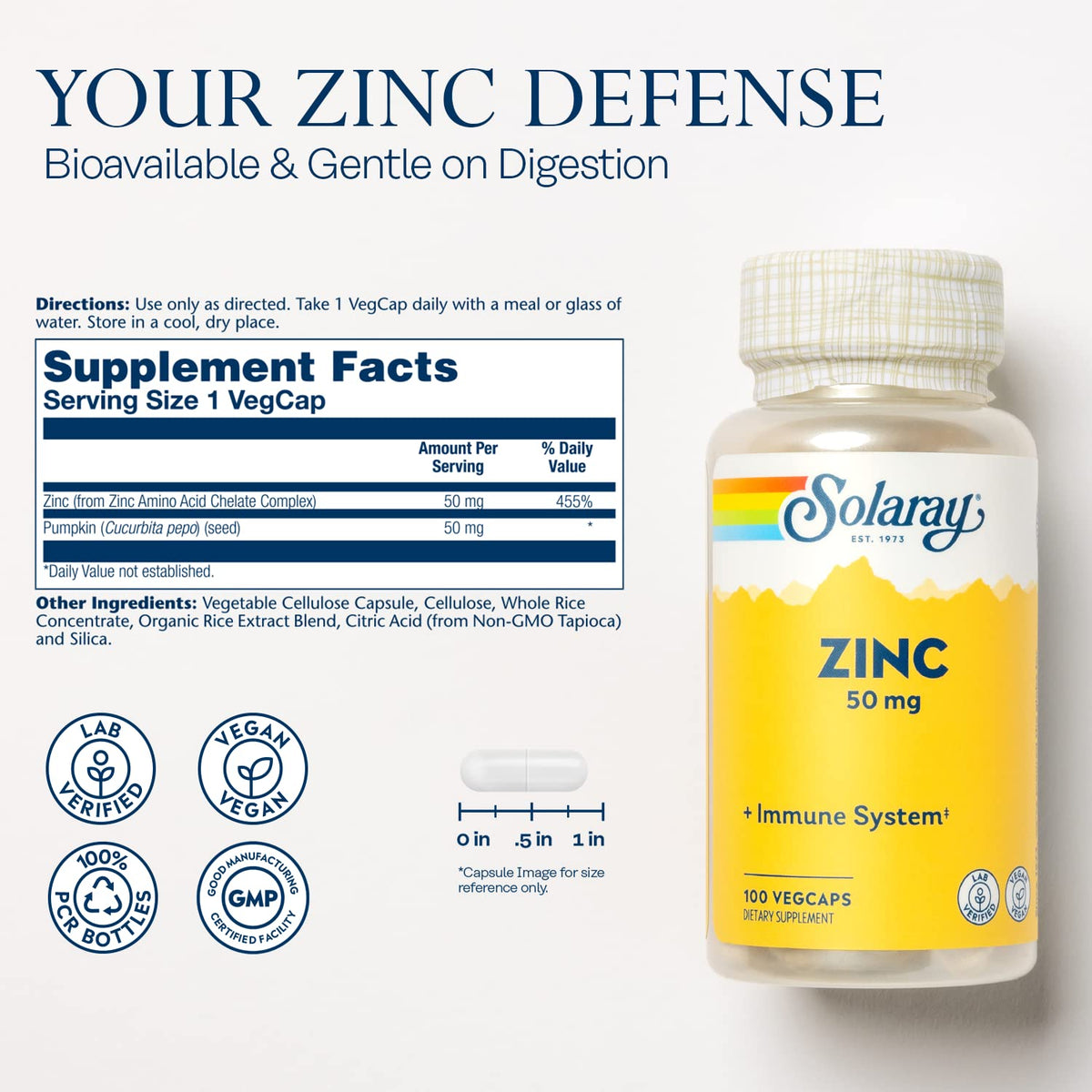 Capsules de Zinc SOLARAY en gros plan
