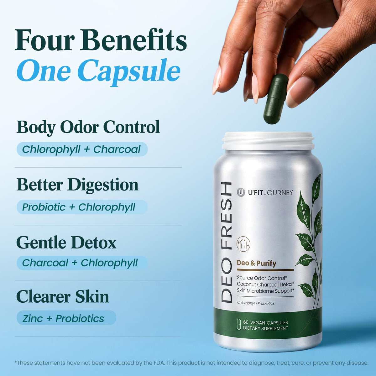 Capsules Deo Fresh U+FITJOURNEY sur une table en bois