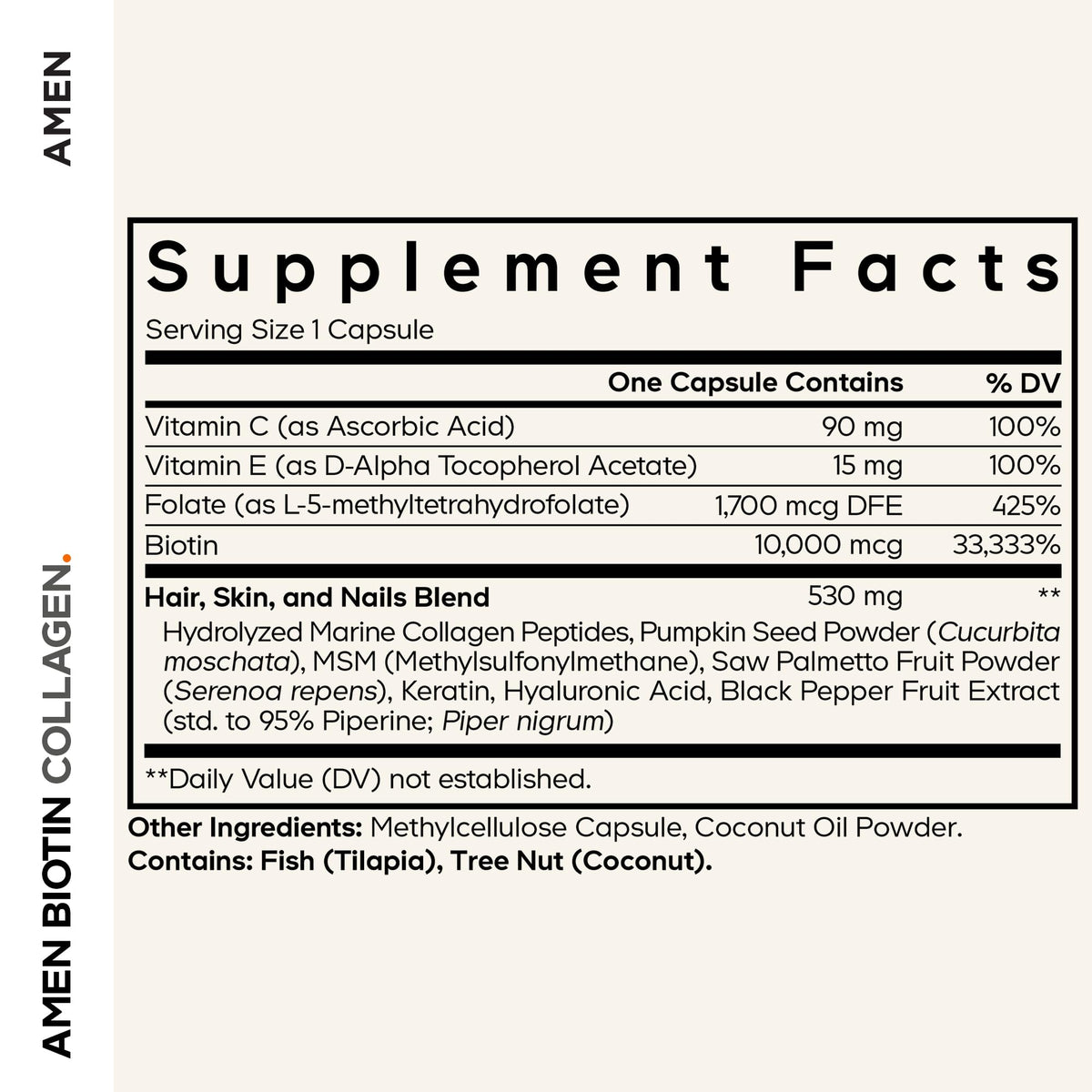 Capsules des Vitamines Biotine Collagène Amen sur une surface blanche
