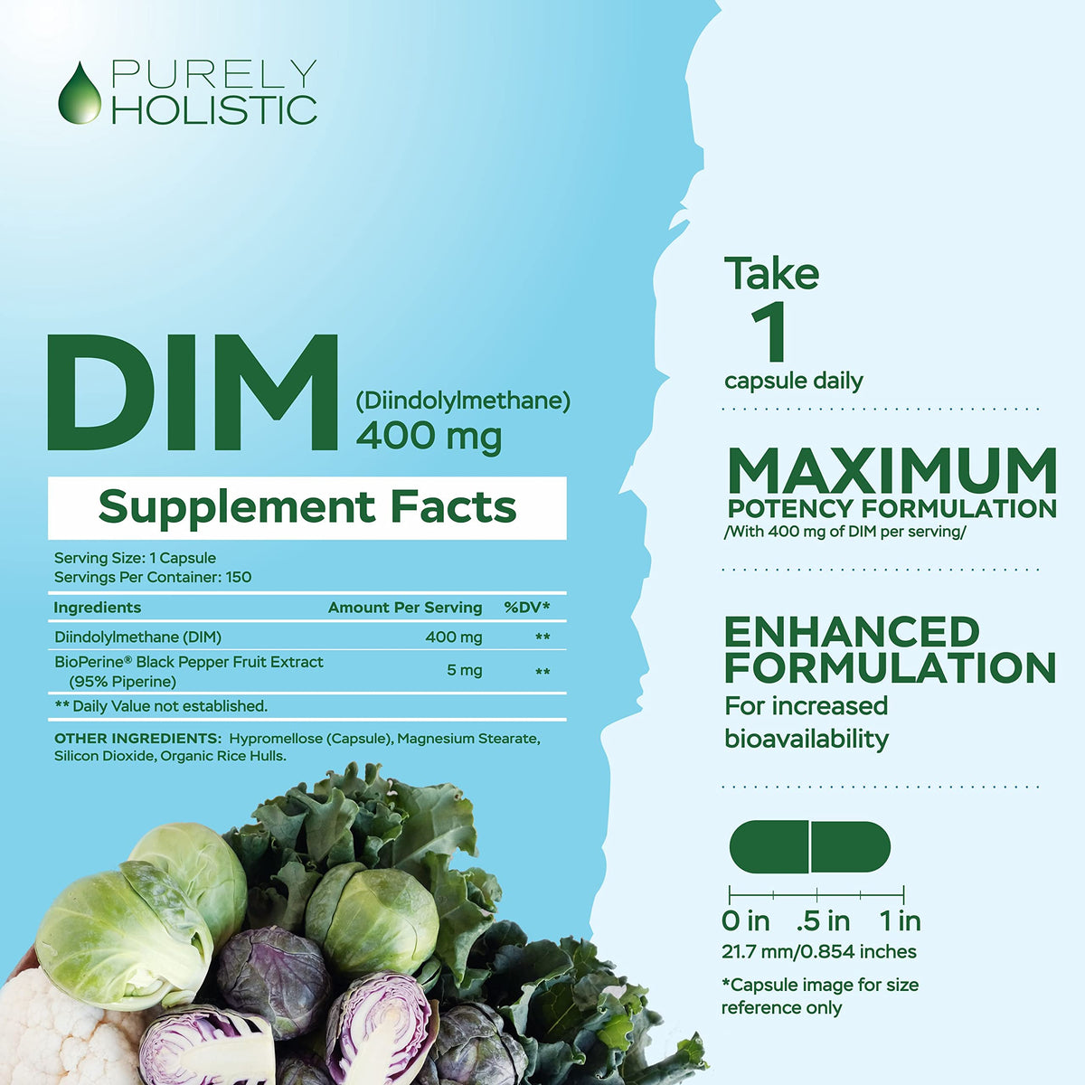 Capsules DIM 400 mg Purely Holistic sur un fond blanc