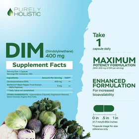 Capsules DIM 400 mg Purely Holistic sur un fond blanc