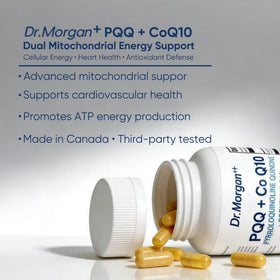 Capsules DR.MORGAN PQQ 25mg et CoQ10 100mg sur un fond blanc