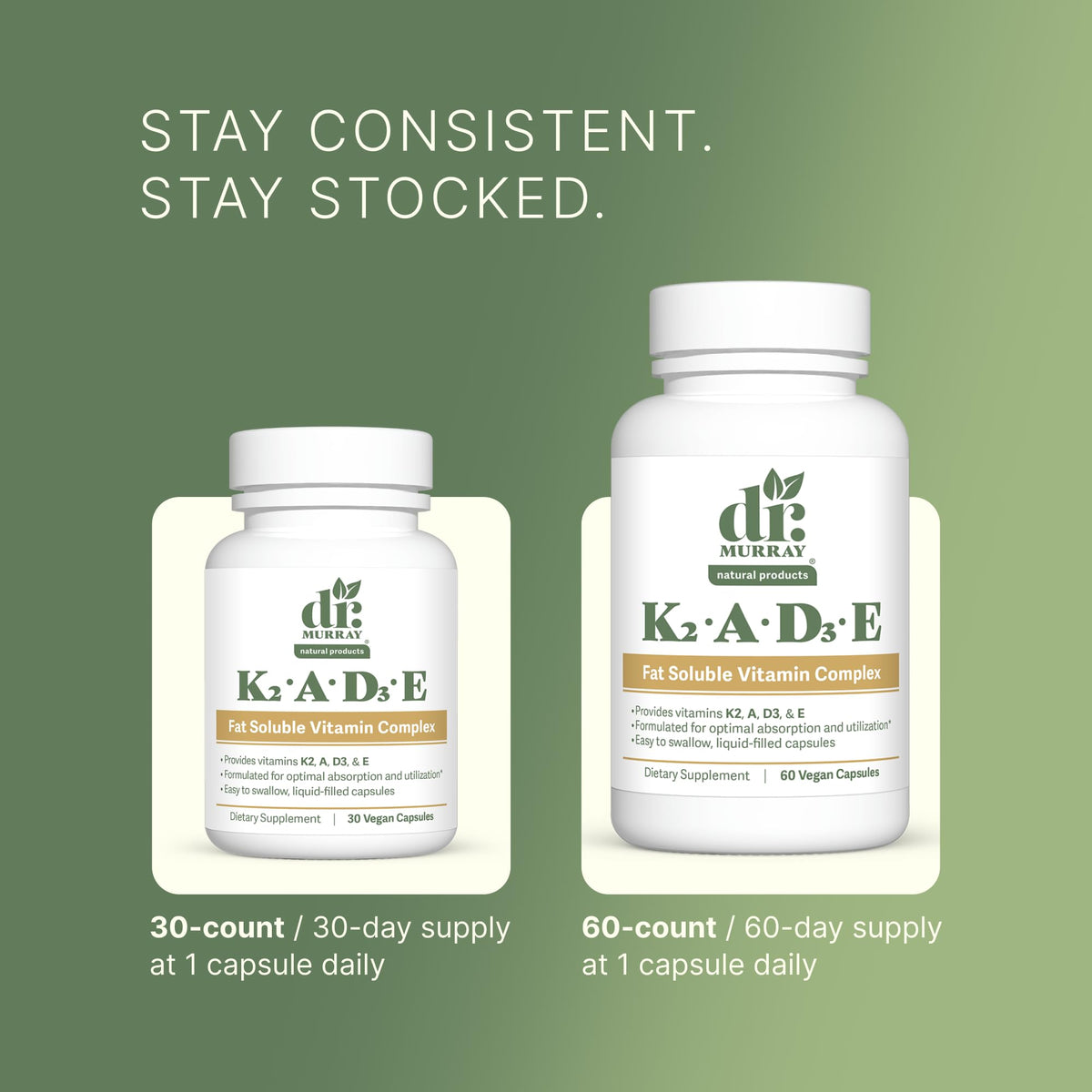 Capsules Dr. Murray K2 D3 A E sur une surface blanche