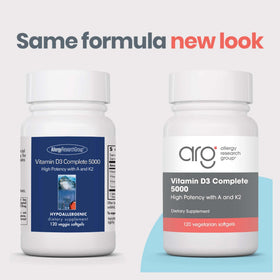 Capsules du complément D3 K2 Allergy Research Group sur fond blanc