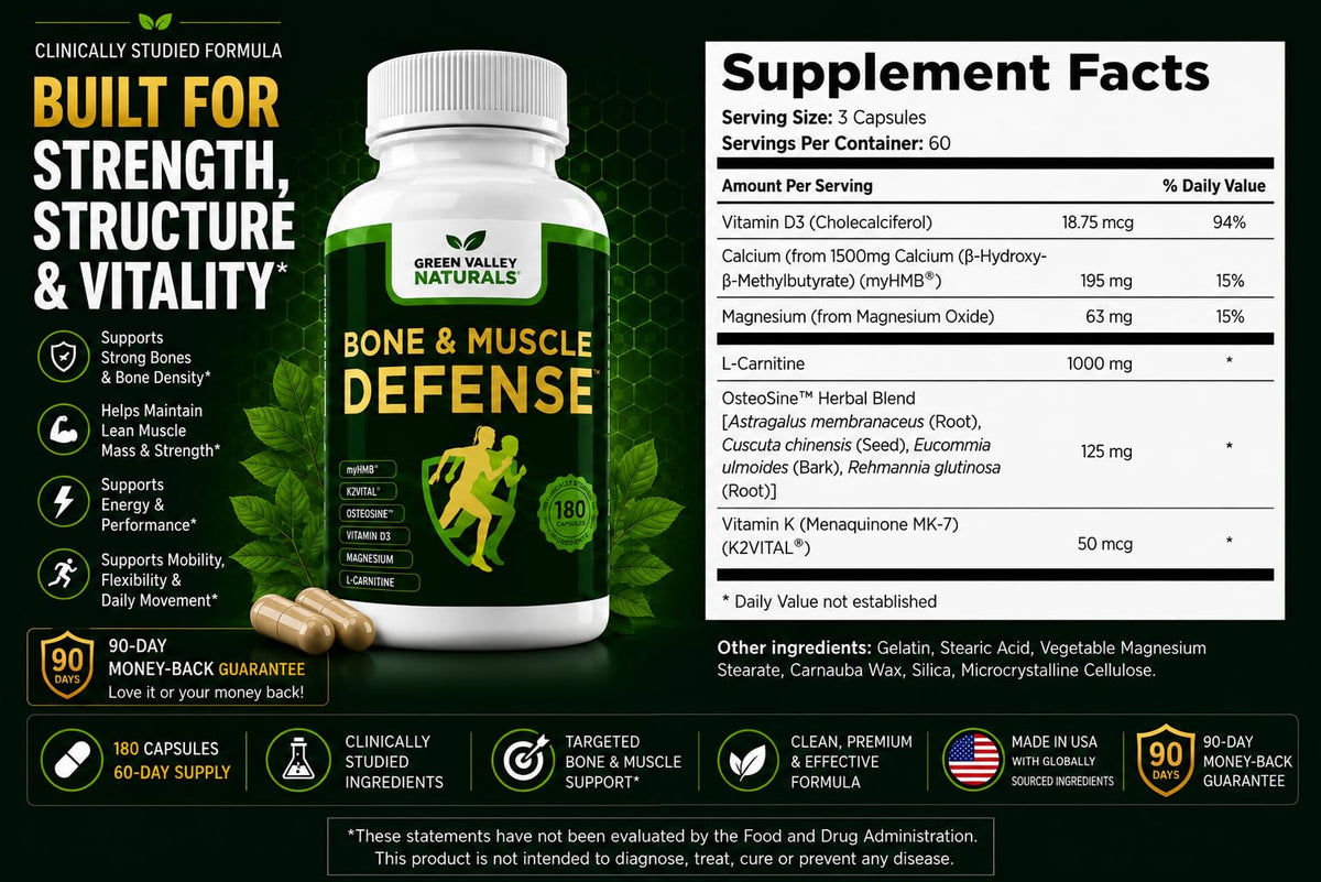 Capsules du complément Défense Os & Muscles de GREEN VALLEY NATURALS sur fond blanc