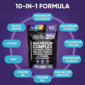 Capsules du Complexe de Magnésium Clean Nutraceuticals sur un fond blanc