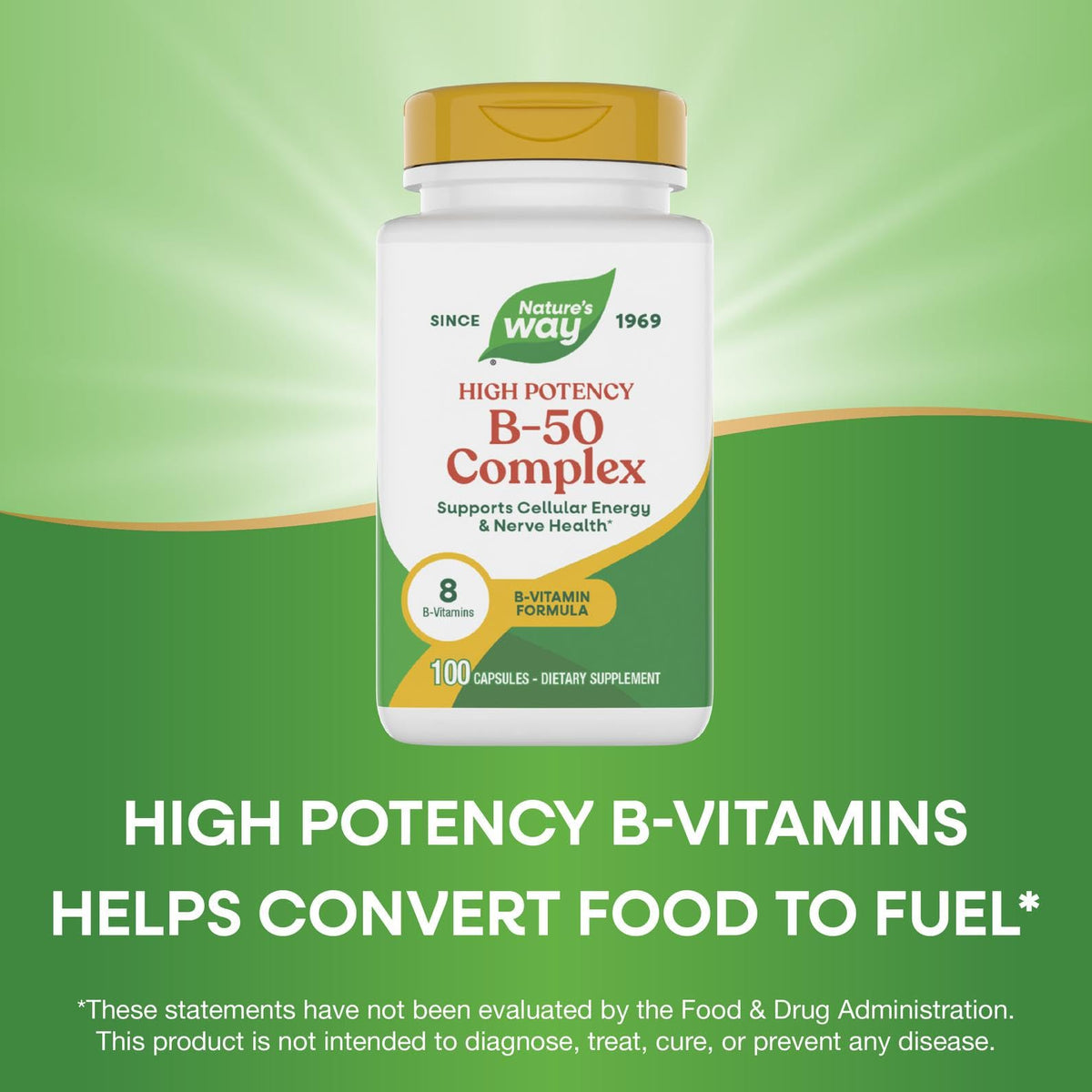 Capsules du Complexe de Vitamines B-50 Nature's Way sur une surface blanche