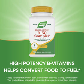 Capsules du Complexe de Vitamines B-50 Nature's Way sur une surface blanche