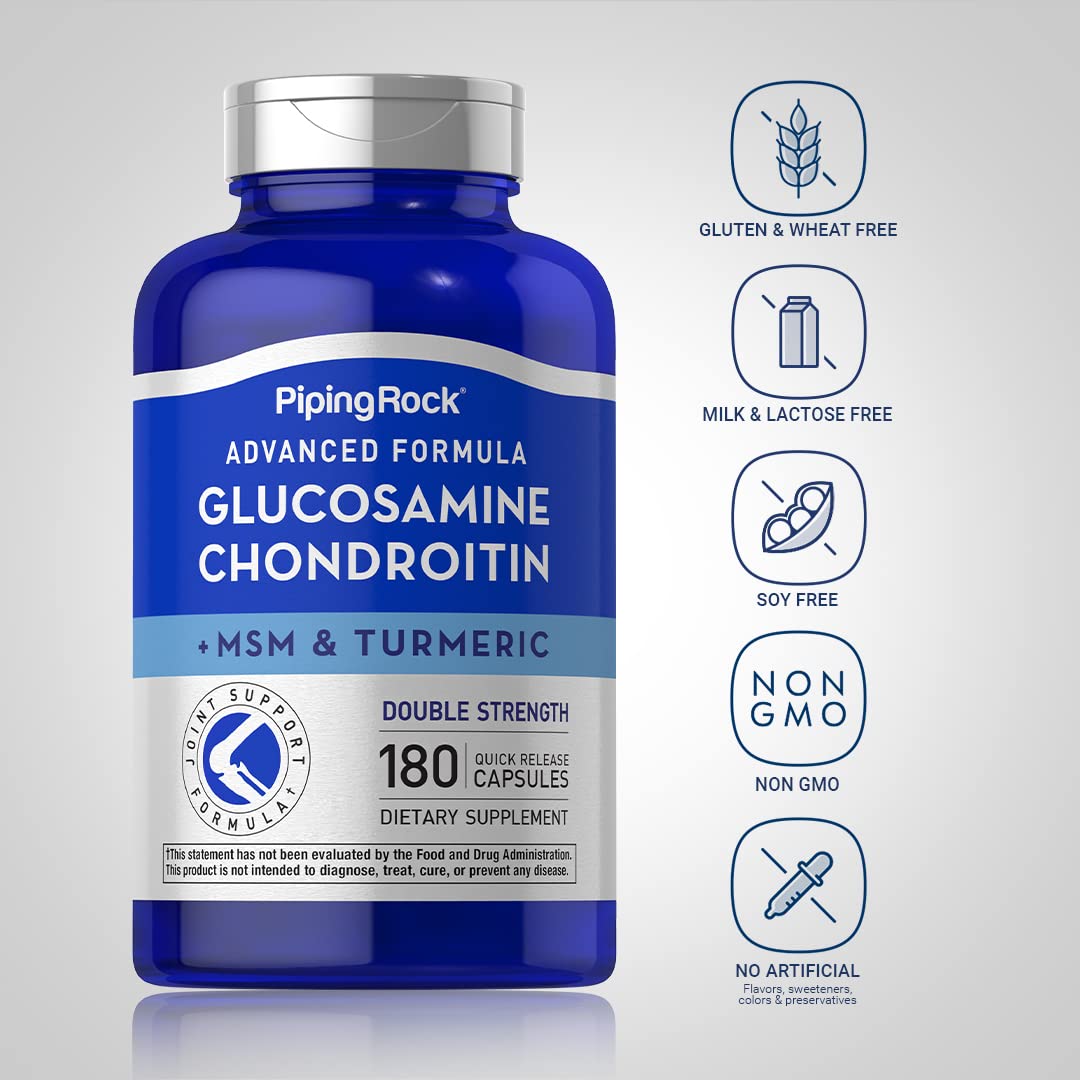 Capsules enrobées de Piping Rock Glucosamine Chondroitin MSM sur une surface blanche
